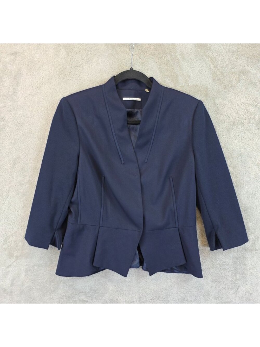 T Tahari Blazer Womens 8 Blue Peplum Collarless 3/4 Sleeve Jacket Work Career
